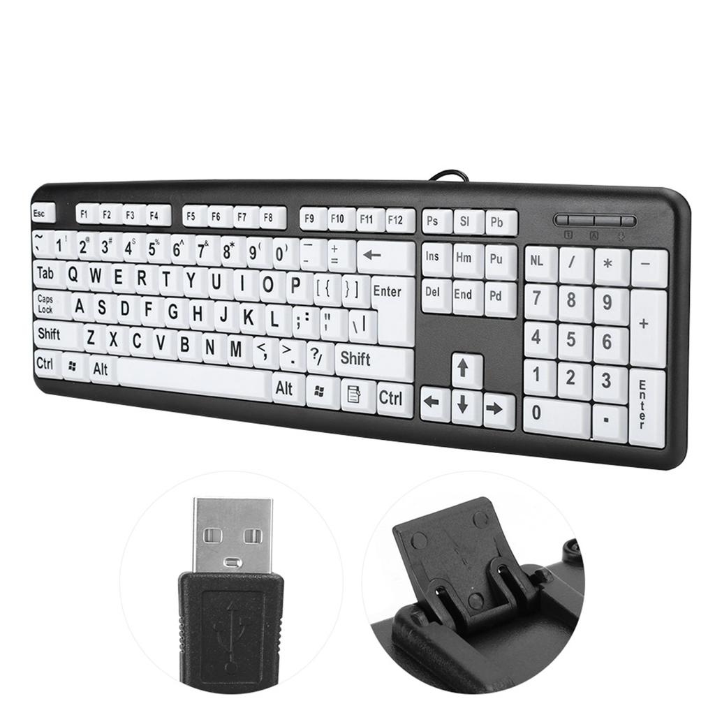 Черная клавиатура для слабовидящих, USB, проводная, клавиатура для пожилых людей с белыми большими клавишами, раскладка США QWERTY