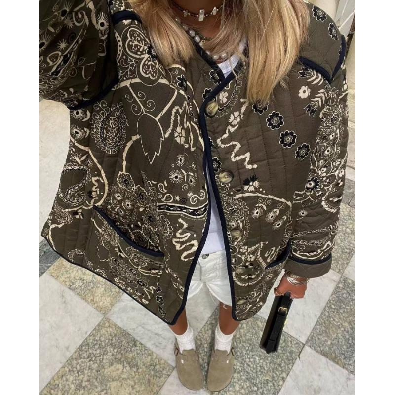 Осенне-зимняя женская хлопковая куртка с принтом, новая мода, круглый вырез, длинные рукава, теплое пальто, свободная легкая хлопковая верхняя одежда