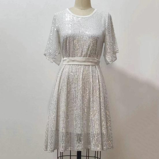 Women Prom Dress Half Split Bat Sleeve Round Neck Loose Shiny Sequin Double-layered Belted Tight High Waist Soft Club Party Lady Mini Dress