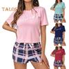 2 шт./компл., женский летний пижамный комплект с круглым вырезом и буквенным принтом, футболка с короткими рукавами и эластичной резинкой на талии, клетчатый узор, домашняя одежда, комплект из двух предметов, одежда для сна