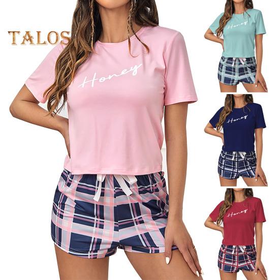 2 шт./компл., женский летний пижамный комплект с круглым вырезом и буквенным принтом, футболка с короткими рукавами и эластичной резинкой на талии, клетчатый узор, домашняя одежда, комплект из двух предметов, одежда для сна