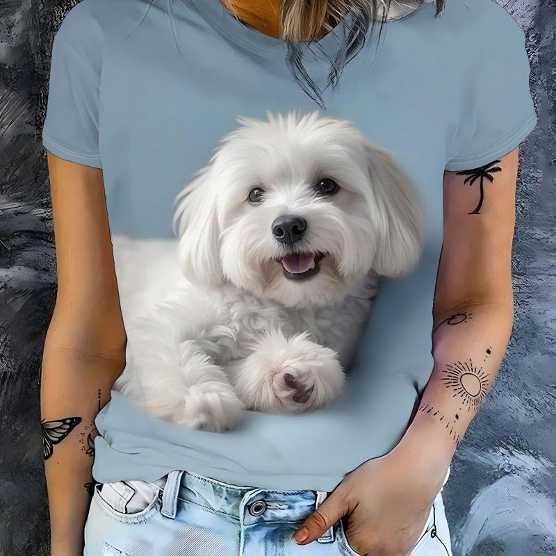 Women Cute White Puppy Dog 3D Print Casual Crew Neck Summer T-shirt