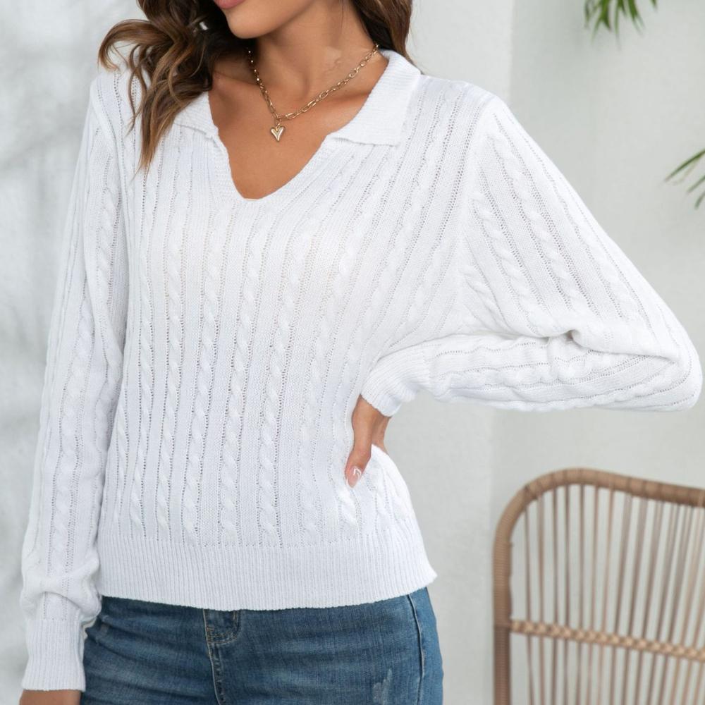 IHUASU Women's POLO Neck Twist Sweater Women's Pullover Loose Autumn and Winter Long Sleeve Knitwear