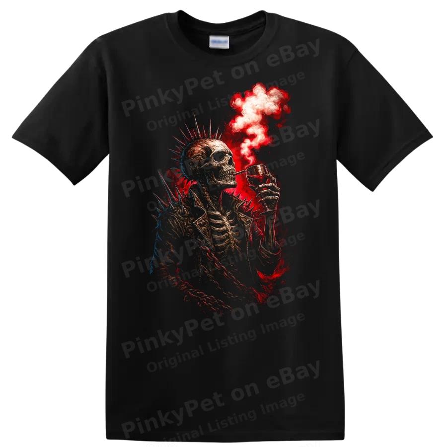 Skeleton Punk T Shirt Smoking Drink Cool Graphic Design Goth Tee