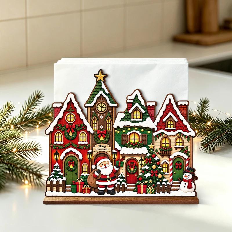 Wooden Christmas Napkin Holder Santa Printed Tissue Dispenser for Table 12 x cm