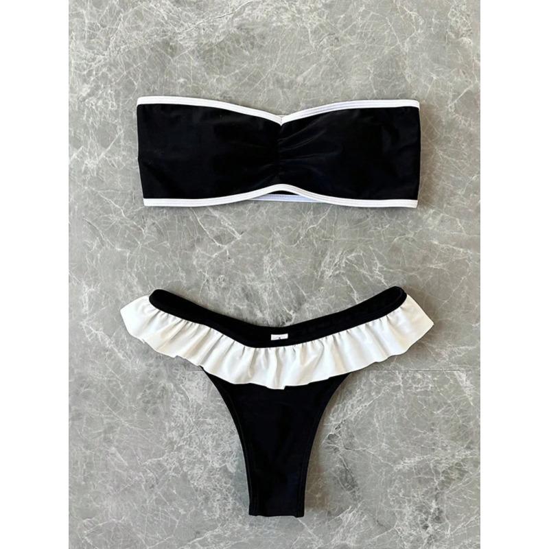 Женский слитный купальник 2-piece Костюм Однотонный Пэчворк Push Up Оборки Тонга Бикини для Пляжа Горячего Источника Комплект 2026 Новая Коллекция Купальников