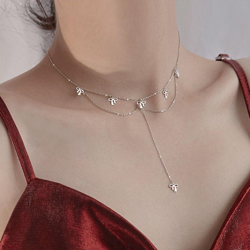 Ожерелье-бантик из стерлингового серебра 925 пробы, женское, простое, милое, с короткой цепочкой, колье-чокер, оптовая продажа