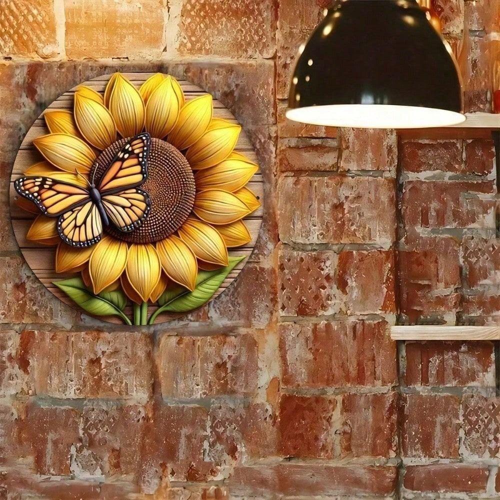 Круглая металлическая настенная art 20x20 см Дизайн подсолнух и бабочка Водонепроницаемая, устойчивая к ржавчине Наружное украшение Подарок на новоселье