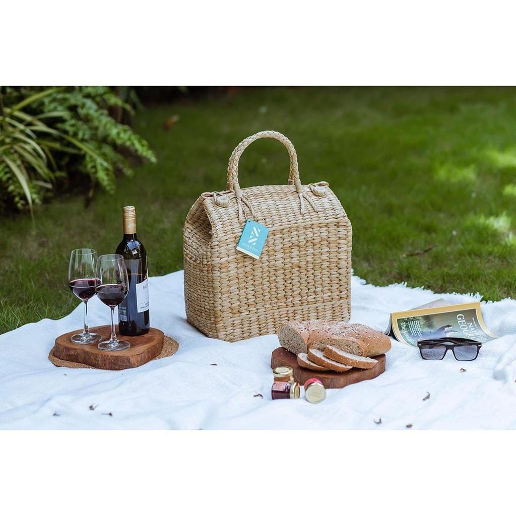 Сумка-корзинка для пикника - сумка для ланча из натурального тростника с ручкой из сухого травяного материала, сумка из водного гиацинта для фруктов и овощей - натуральный цвет (Средняя)