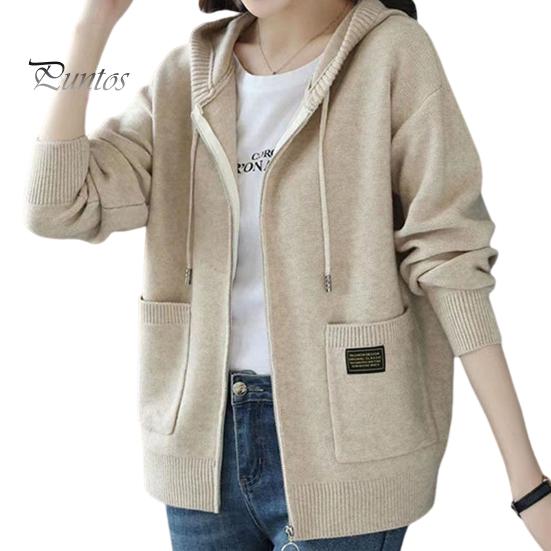 Осень-зима Женское пальто с капюшоном, завязками, длинными рукавами, карманами, плотный, сохраняющий тепло, однотонный кардиган на молнии, повседневная трикотажная куртка