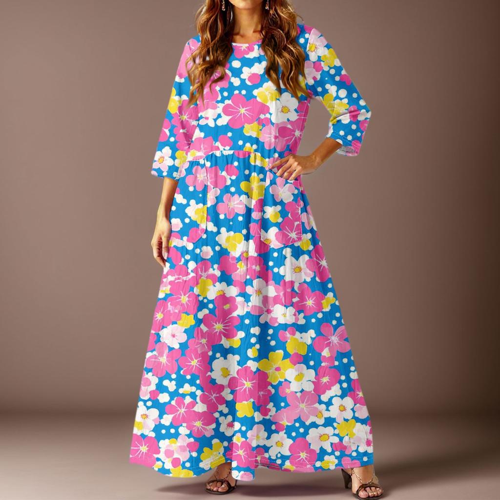 Женское повседневное модное платье с цветочным принтом, рукавом три четверти и карманами