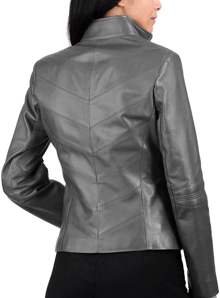 Women's Jacket Gray Causal Handmade Leather Lambskin Stylish Casual Biker Soft