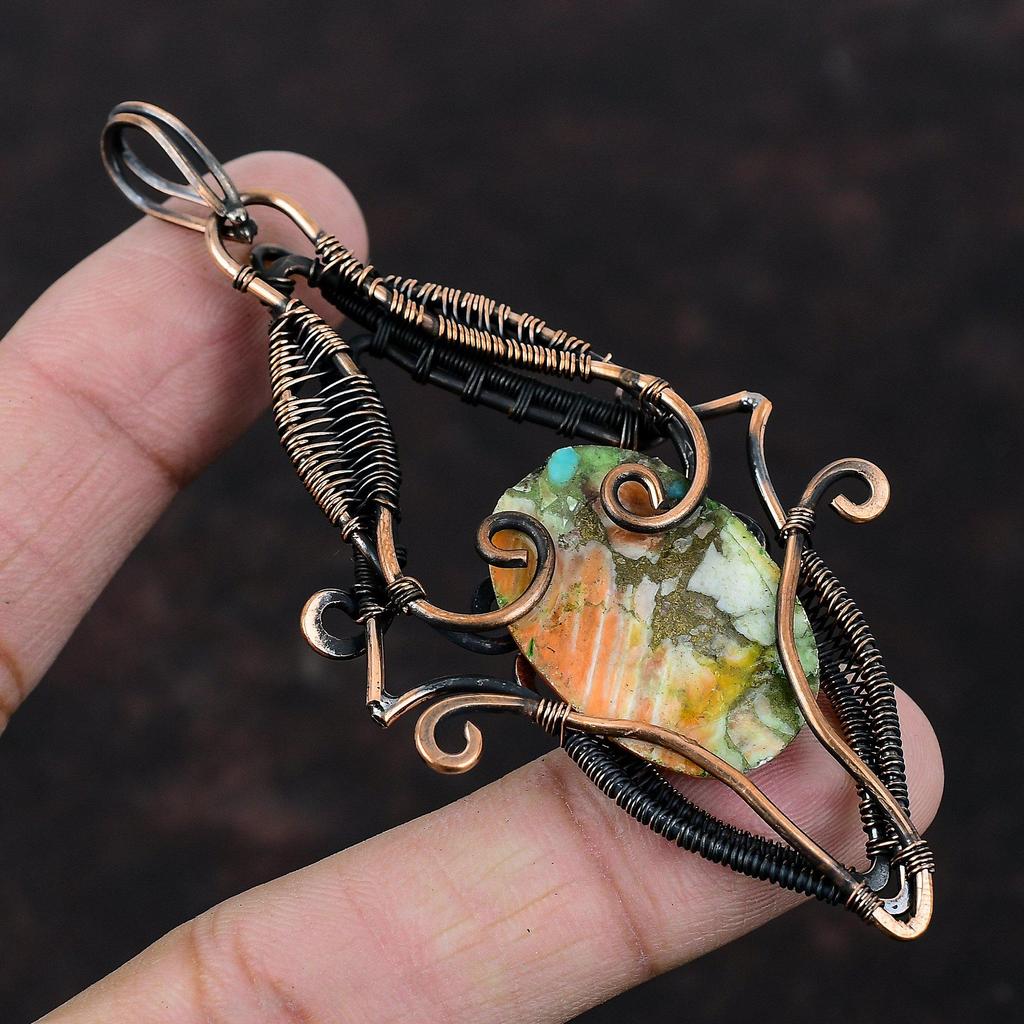 Подвеска из колючей устрицы и медной бирюзы, обернутая медной проволокой, украшения ручной работы, оригинальная подвеска с драгоценным камнем, медные украшения, подарок для мамы