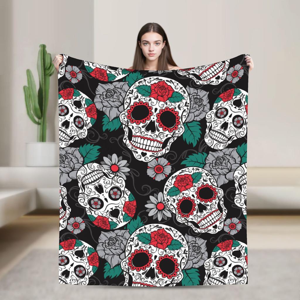 Sugar Skull Day of the Dead Blankets Gothic Mexican Skeleton Halloween Flannel Funny Warm Throw Blankets for Home Spring/Autumn