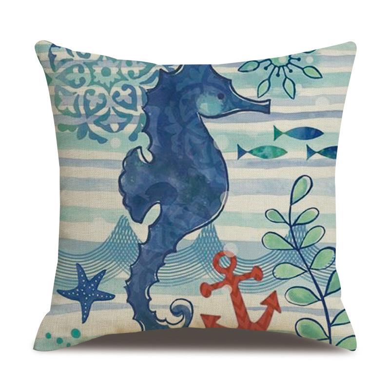 Linen Pillowcase Hand-painted Marine Cotton Linen Coral Seahorse Starfish Octopus Home Soft Furnishing Cushion Cover