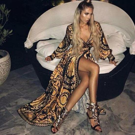 Платье-халат в стиле бохо с V-образным вырезом и цветочным принтом, длинные рукава 2024 года