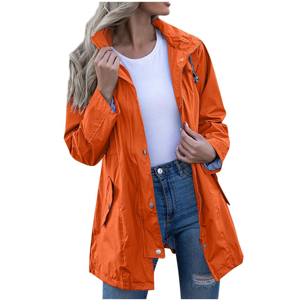 Women Hooded Waterproof Zipper Mid-length Windproof Waterproof Raincoat Jacket