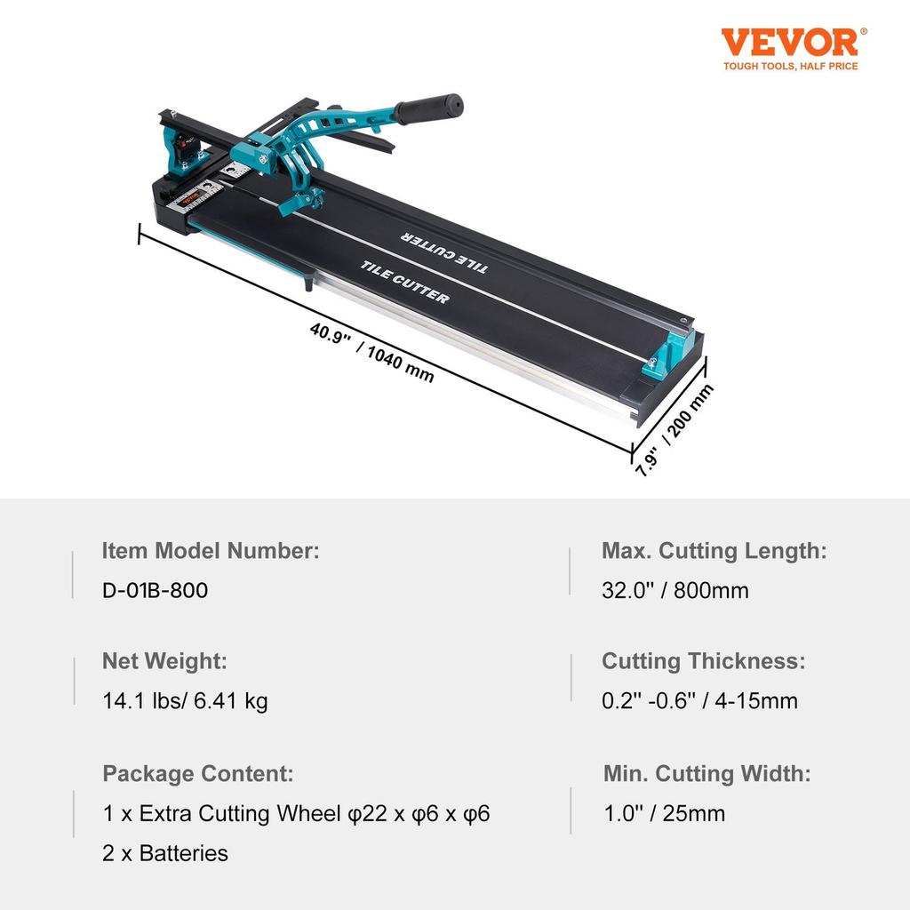 Manual Tile Cutter, 800mm, Porcelain Ceramic Tile Cutter with Tungsten Carbide Cutting Wheel, Infrared Positioning, Anti-Skid Feet, Durable Rails for