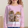Children's Cute Cat 3D Digital Printed Girl Fashion Trend Round Neck Long Sleeved T-shirt