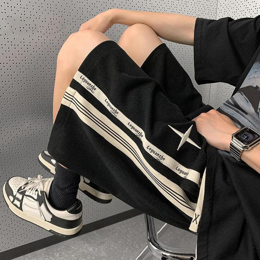 Мужские спортивные шорты с вышивкой Y2K, перекрестные полосатые брюки High Street с широкими штанинами, свободные, летние, 2024, для мужчин, для спортзала, корейские