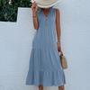 GMXIA Summer Sleeveless Pleated Skirt Loose V-neck Midlength Dress