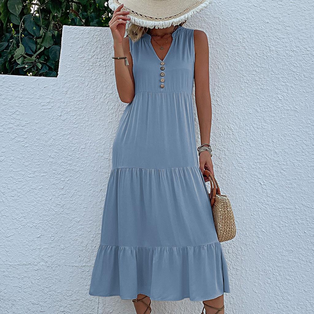 GMXIA Summer Sleeveless Pleated Skirt Loose V-neck Midlength Dress