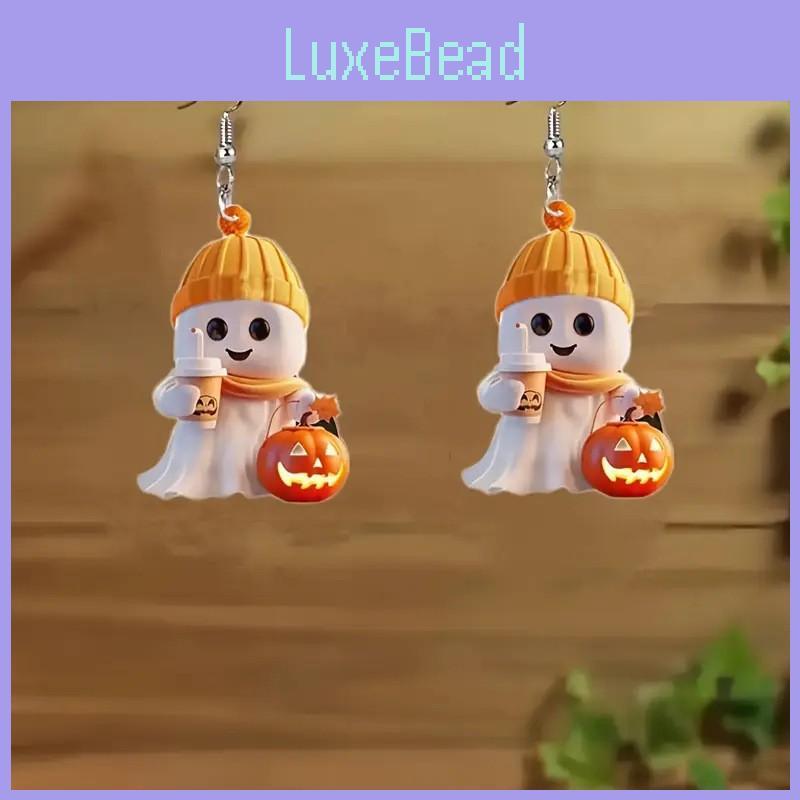 Halloween Themed Cartoon Ghost Milk Tea Pumpkin Pattern Women Acrylic Earrings