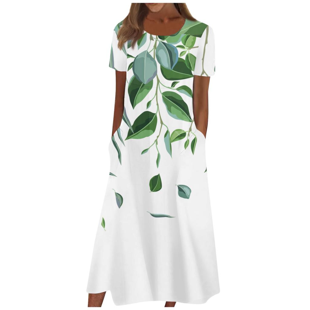 Women's Summer Casual Fashion Floral Print Short Sleeve Round Neck Pocket Dress