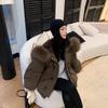 Женское короткое пальто с капюшоном в корейском стиле, пуговицы-рожки, большой меховой воротник, зимнее теплое утолщенное рабочее пальто
