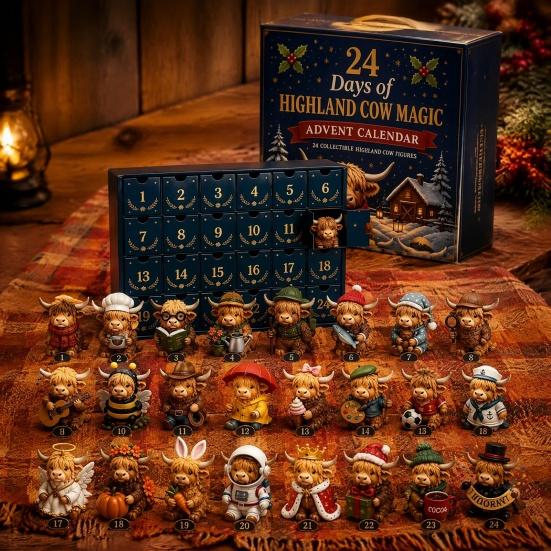 Tiered Tray Christmas Decor 24 Days of Highland Cow Magic Advent Calendar, Unique Mini Winter Home Accessories Figures, Farmhouse Holiday Decor,