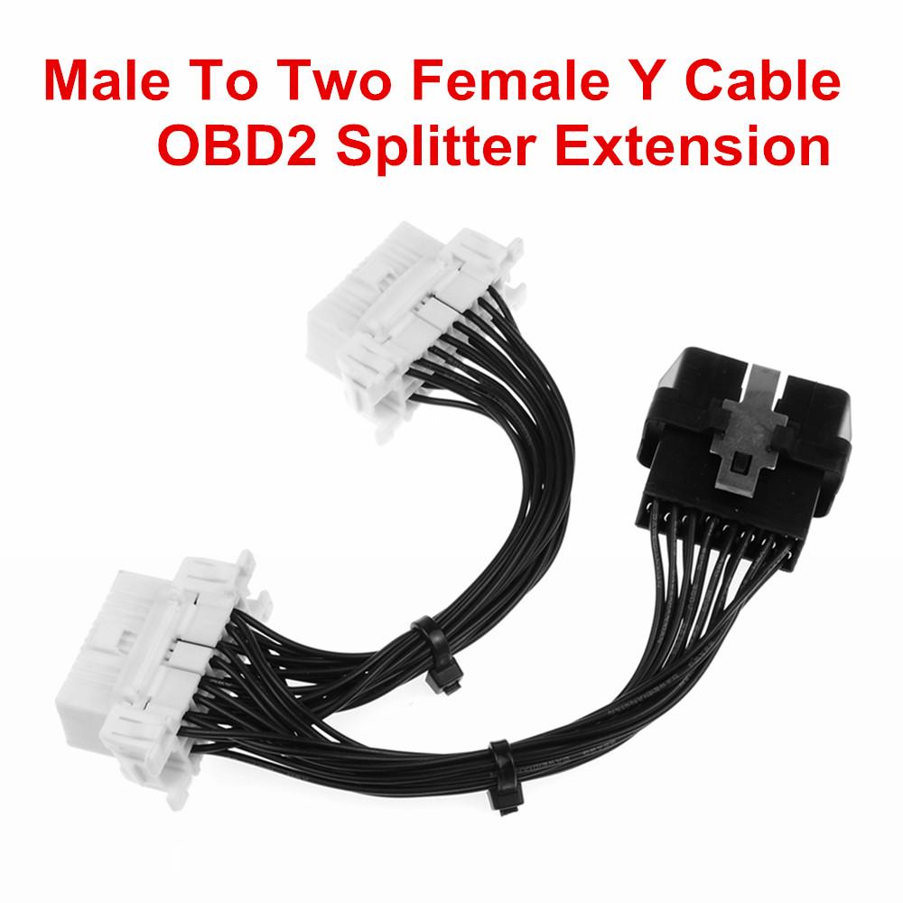 Dual Female Y Splitter Elbow 16Pin OBD 2 Extender ODB OBD2 Cable 16 Pin Male To Female Flat Noodle OBD2 Extension Cable