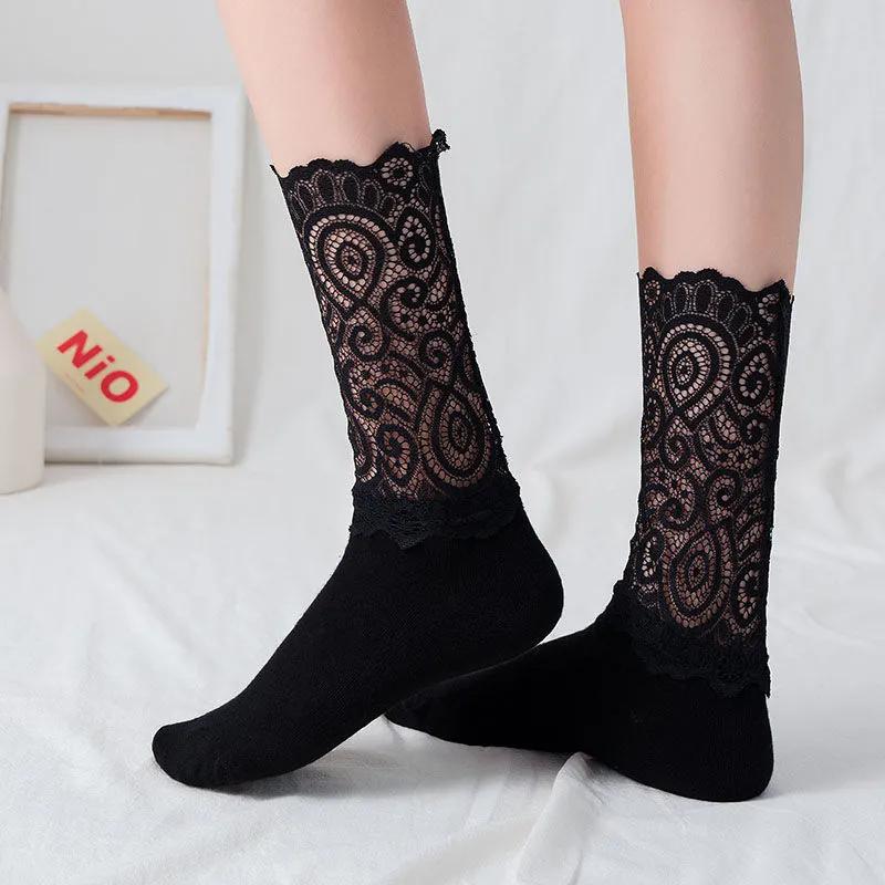 1 пара сексуальных длинных носков, женские кружевные кружевные белые ворсовые носки средней длины, летний тонкий стиль