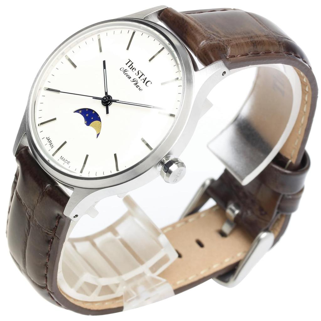 Часы STAC Made in Japan Domestic Watch 36 мм, старинные, ретро, унисекс, с фазами Луны, белые, коричневые, из крокодиловой кожи [The Stack] мужские, женские, ST-MF001