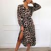 Women Dress V Neck Leopard Print Long Sleeve Lace-up Tightn Waist Mid-calf Length Soft Elegant Lady Midi Dress