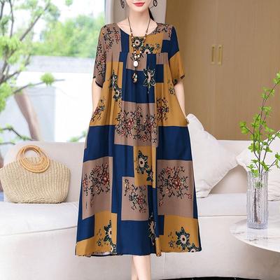 Хлопковое шелковое платье Негабаритное свободное летнее платье с короткими рукавами для мамы Пижамное платье с цветочным принтом