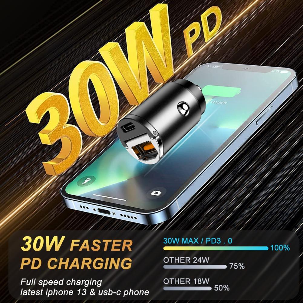 Автомобильное зарядное устройство USB C, сверхбыстрая зарядка 30 Вт PD/30 Вт QC, самая маленькая автомобильная зажигалка USB-зарядное устройство, совместимое с iPhone, Samsung и т. д.