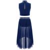 Girls Dance Outfit Sparkly Crop Top Keyhole Back Plus Irregular Hem Mesh Skirt Side Slit Performance Set