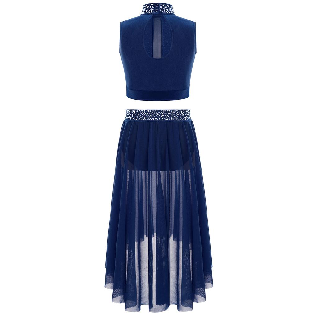 Girls Dance Outfit Sparkly Crop Top Keyhole Back Plus Irregular Hem Mesh Skirt Side Slit Performance Set