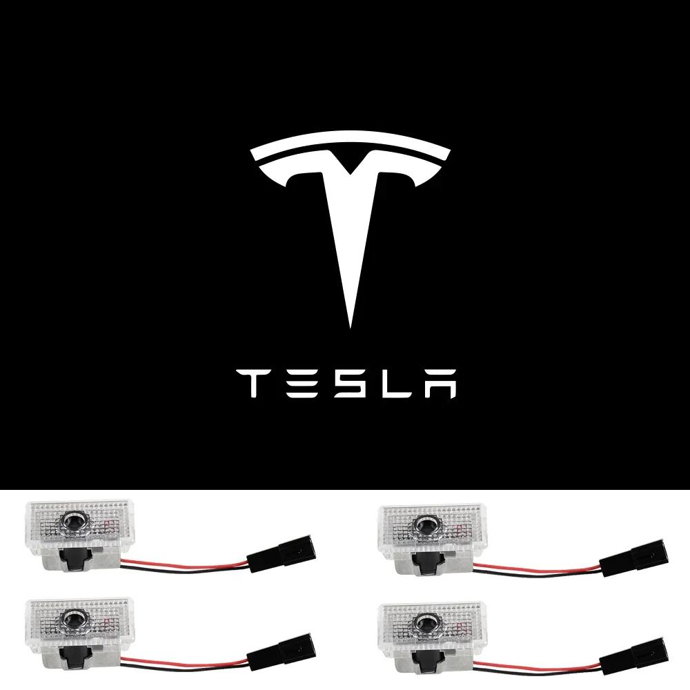 Car Sticker Tesla 4pcs/set For Tesla Model Y 3 S X Car Door LED Logo Projector puddle lights HD Welcome Light 3D Laser Ghost Sha