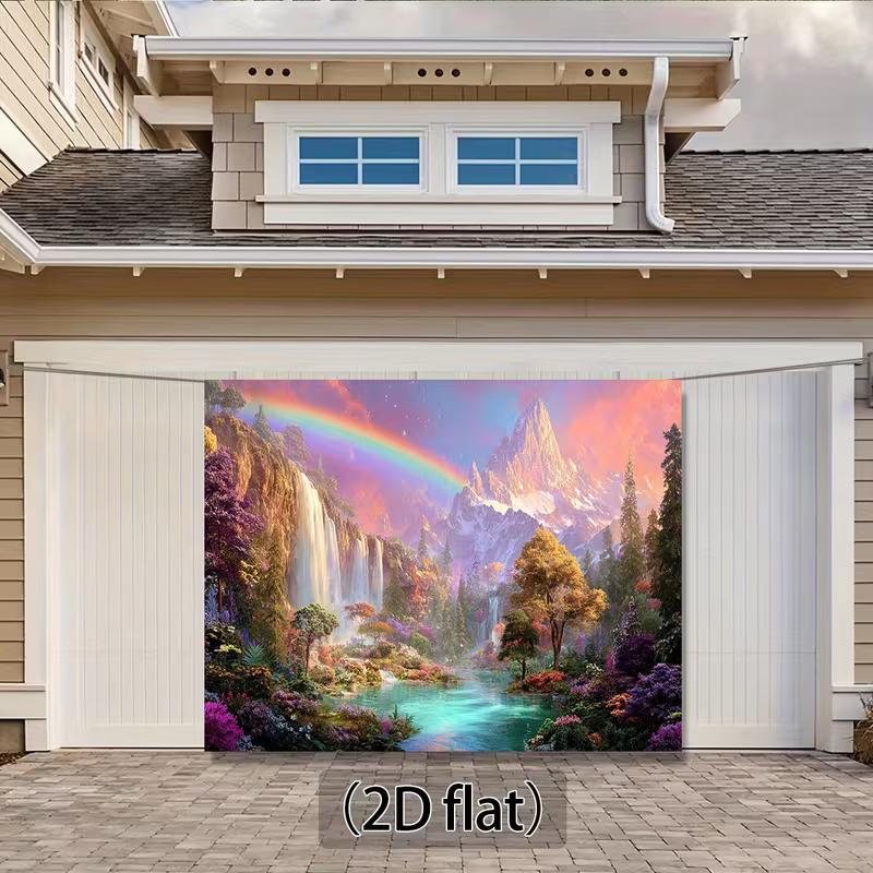 2D Magical Rainbow Mountain Waterfall Garage Door Banner Fantasy Nature Scenery Decor