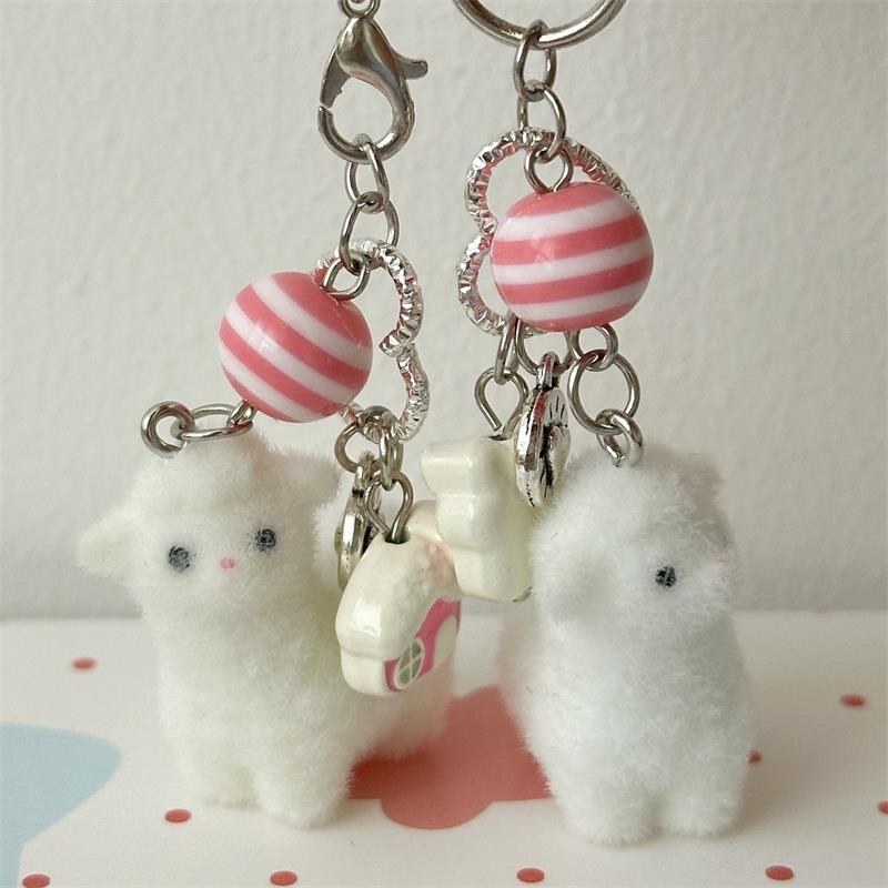 Cute Flocking Alpaca Keychain Pendant Lanyard Phone Chain Lovely Animal Sheep Backpack Charm Girl Bag Hang Ornaments Couple Gift
