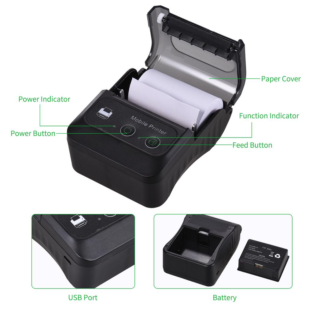 Портативный беспроводной BT 58 мм 2-дюймовый термопринтер для чеков Mini USB Bill POS Поддержка мобильного принтера