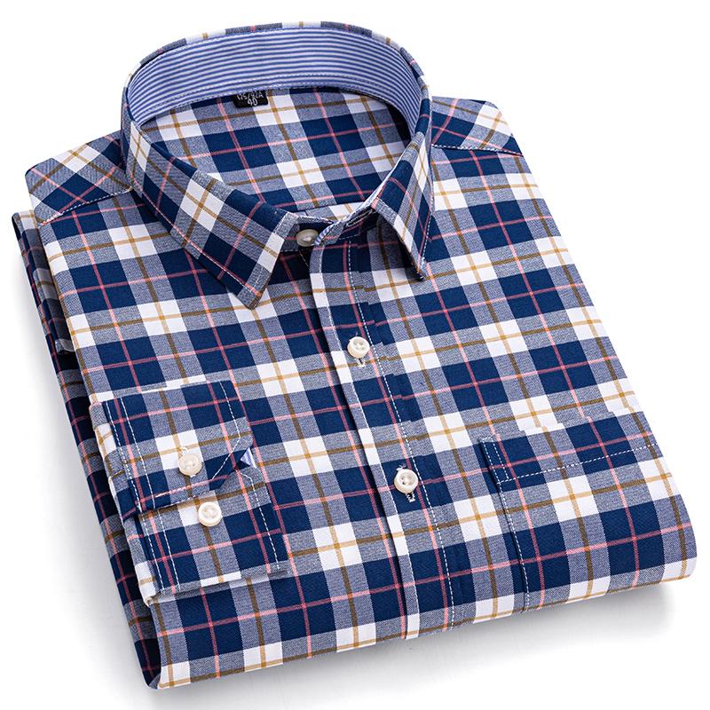 100% Cotton Men's Oxford Shirts Long Sleeve Casual Plaid Soft Regular Fit Formal Dress Shirt Social Blouse Male Clothes S-7XL