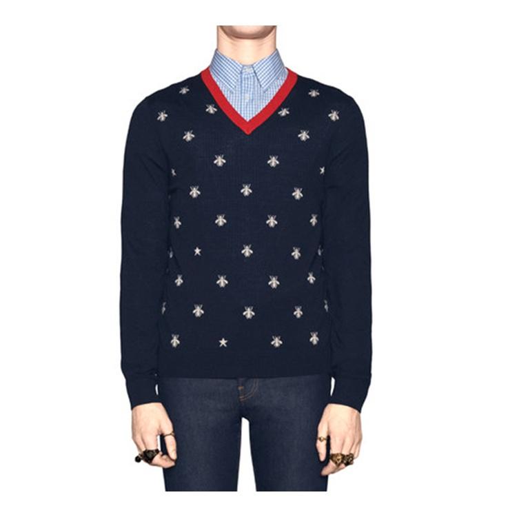 Gucci Bee Print V-Neck Sweater For Men Navy Men's 431749-X1311-4696
