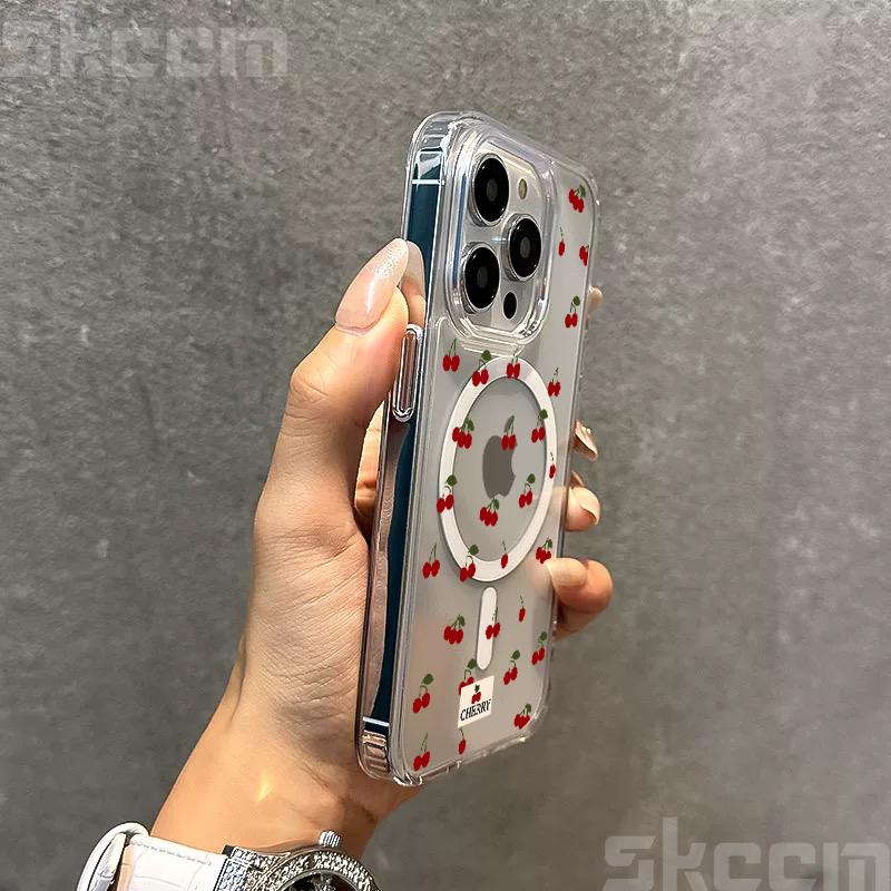 For Magsafe Wireless Charger Case For Samsung Galaxy S25 S24 S23 Ultra S22 Plus S21 FE S20 Cute Cherry Print Phone Cover
