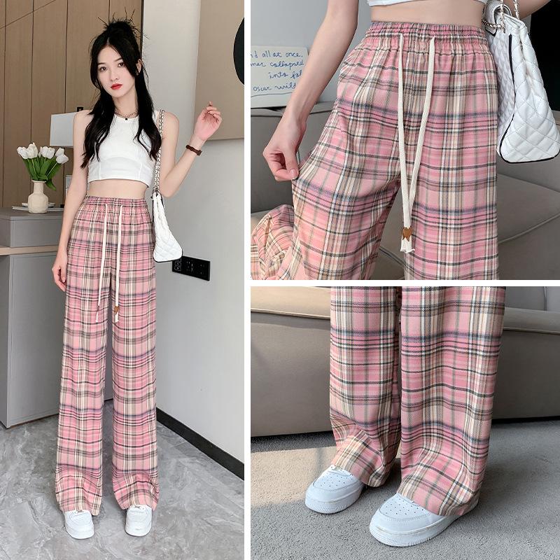 Petite Retro Pink Plaid Wide-Leg Pants, 150cm