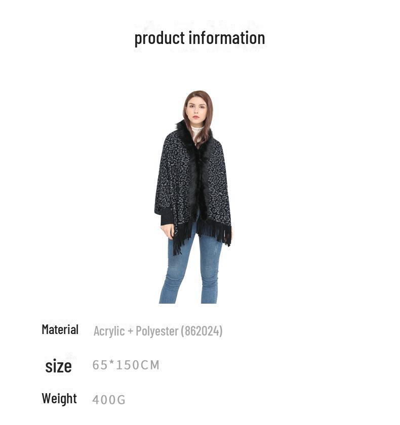 Шерстяное трикотажное пальто-шаль с леопардовым меховым воротником для женщин