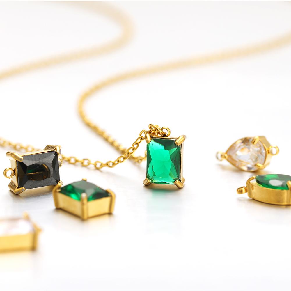 5pcs Stainless Steel Zircon Pendants Black Green Transparent Two Holes Crystal Charms Beads for Necklace Jewelry Making DIY