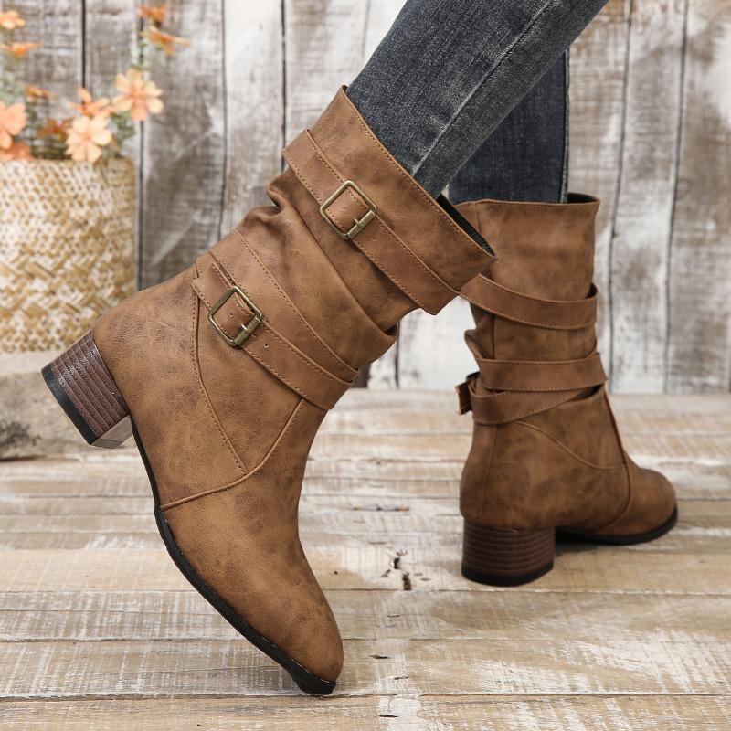Fashion Plus Size 43 Women Boots European and American Fashion Buckle Pleated Short Boots Autumn and Winter New Flat Boots Women Shoes