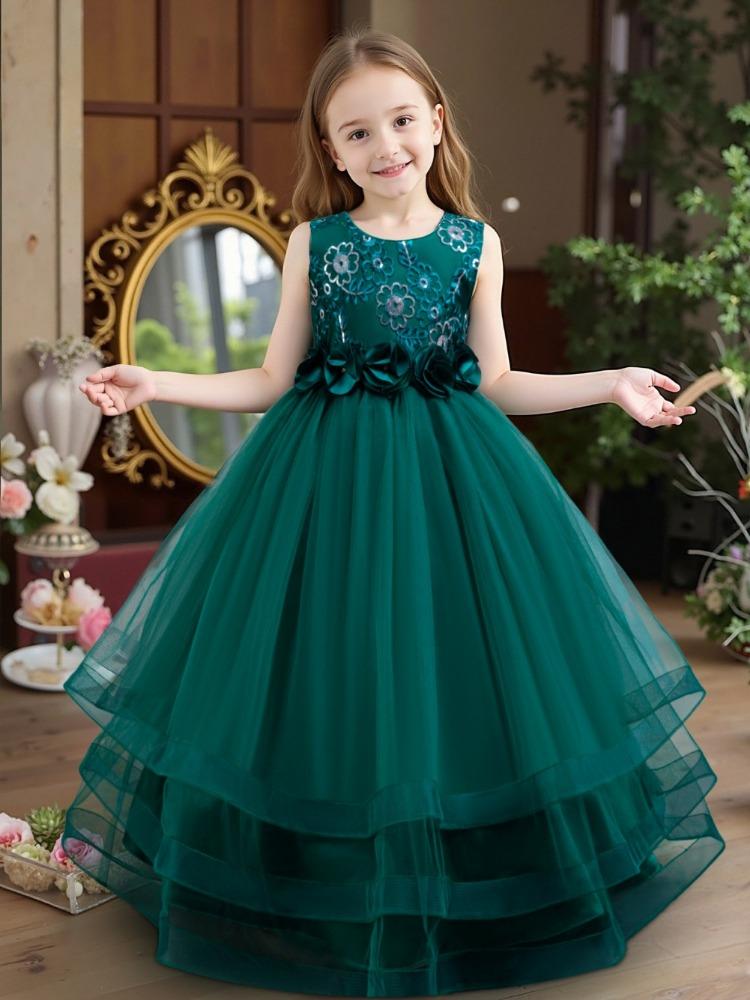 Платье для вечеринки для девочек, юбка, цветочное сетчатое тюлевое платье-пачка, для детей среднего и старшего возраста, длинный рождественский костюм для выступления 632 Детское принцессное